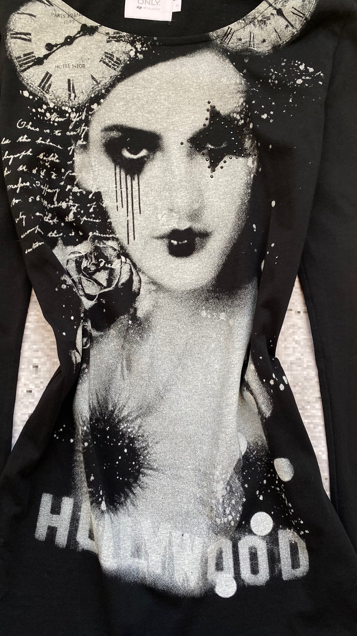 "Only" Graphic Emo Cotton Off-Shoulder LongSleeve With Bedazzled Star