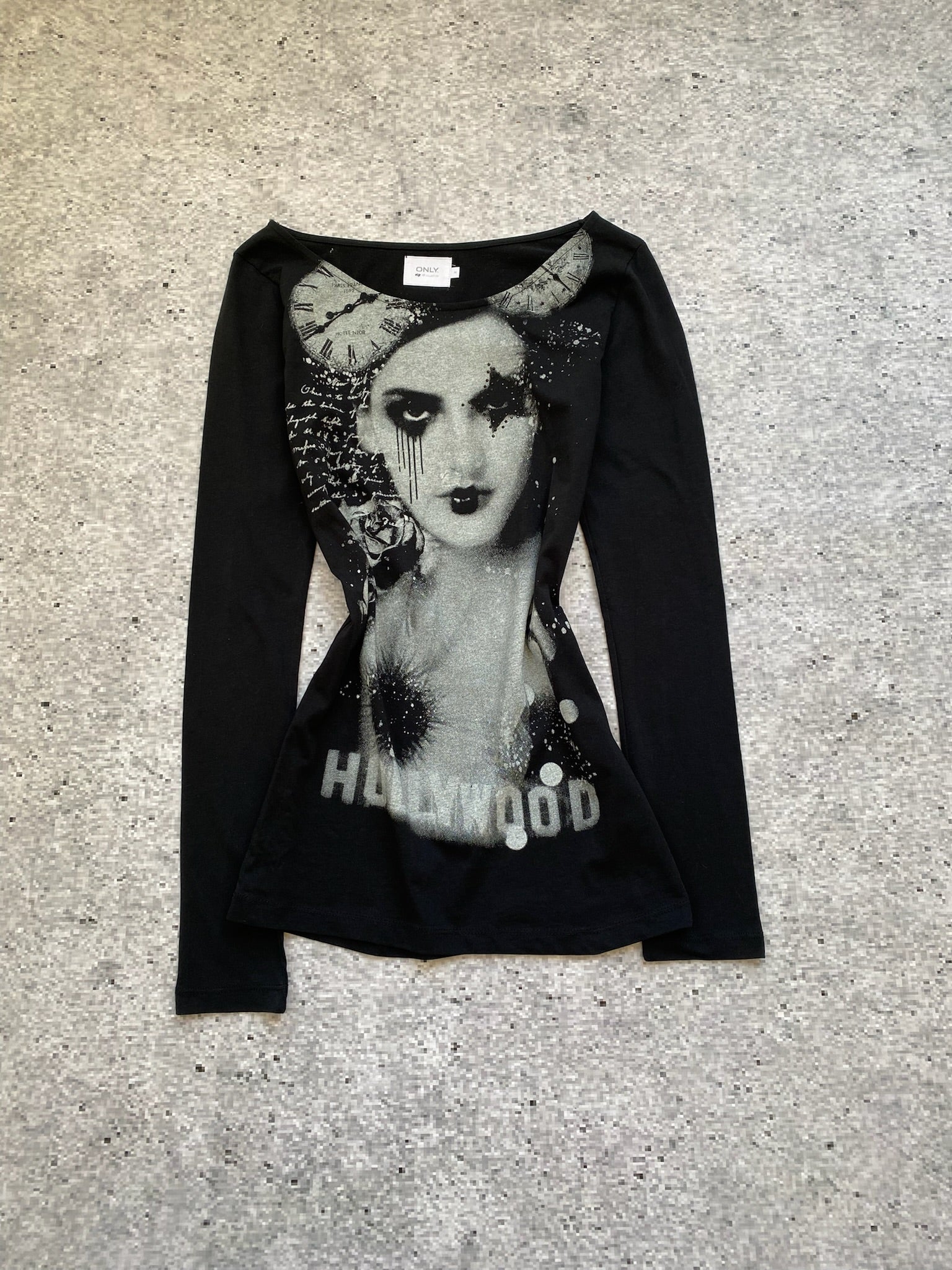 "Only" Graphic Emo Cotton Off-Shoulder LongSleeve With Bedazzled Star